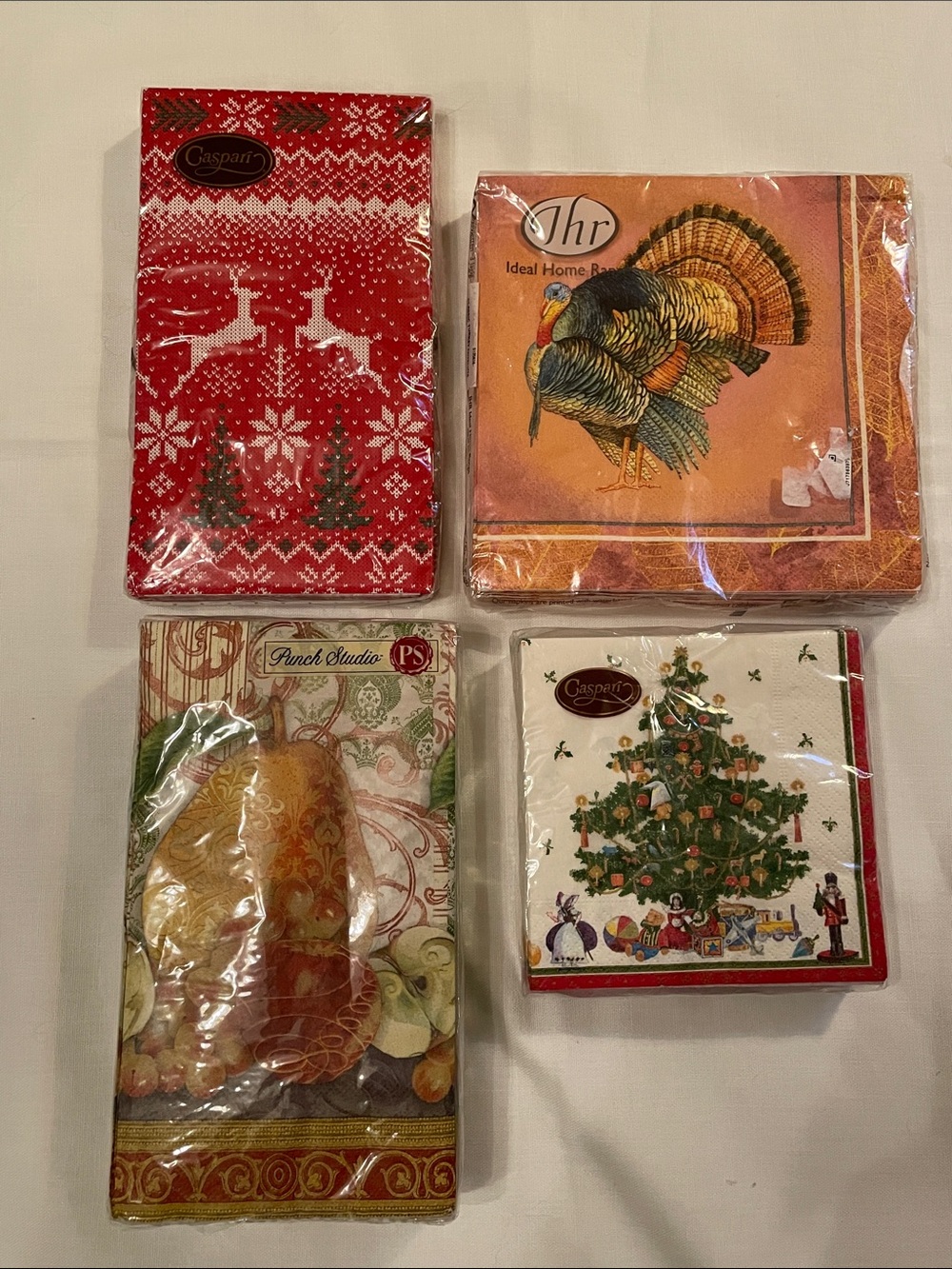 Holiday Paper Napkins Lot of (4) Caspari Nordic Reindeer Thanksgiving Turkey +